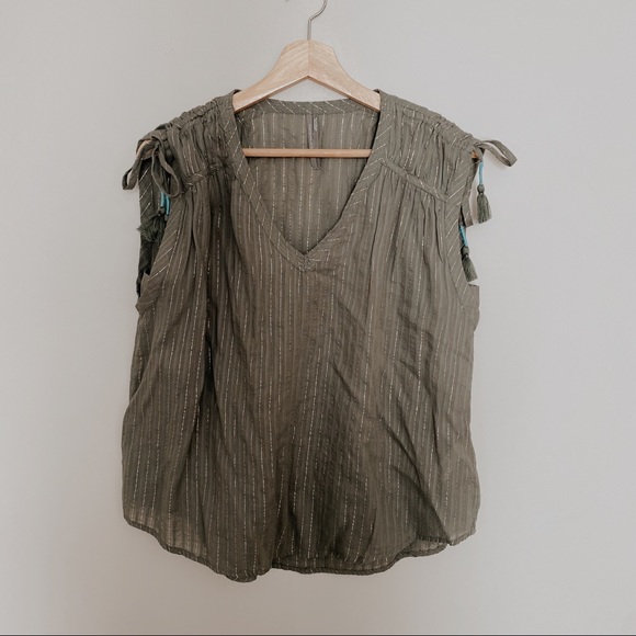 Anthropologie Green Shirred Sleeveless Top - Picture 2 of 3